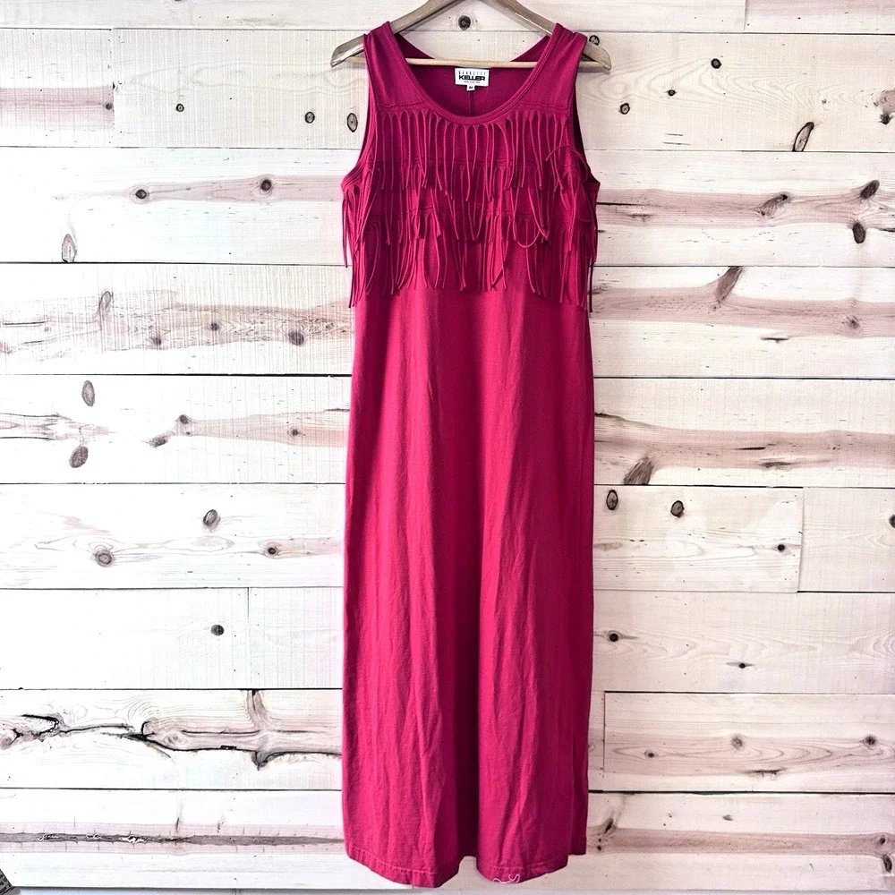 Vintage‎ Nannette Keller Womens M Bright Red Fringe Sleeveless Cotton Maxi Dress